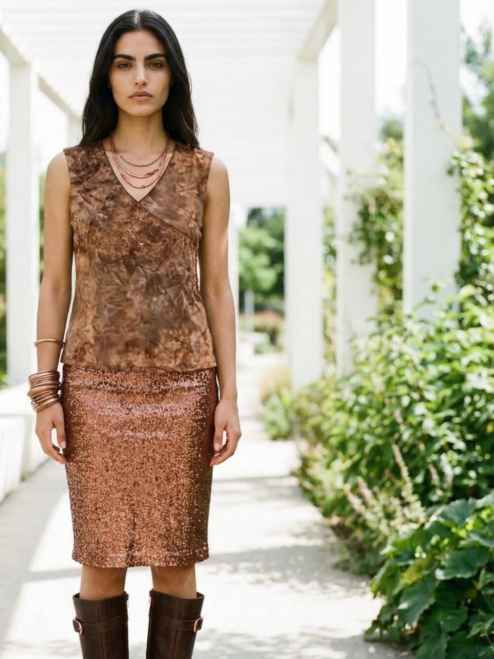 Vintage Fashion Bug Women's Sleeveless Brown Rust Cream 1X Boho Tie-Dye Blouse